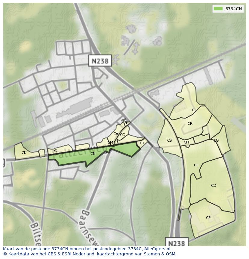 Afbeelding van het postcodegebied 3734 CN op de kaart.