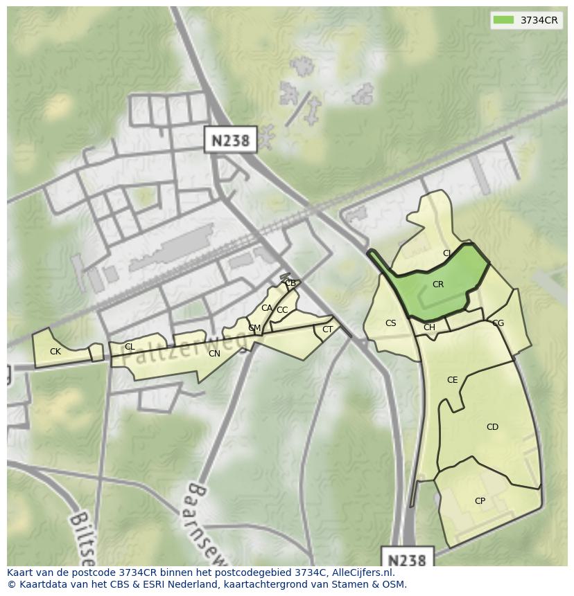 Afbeelding van het postcodegebied 3734 CR op de kaart.