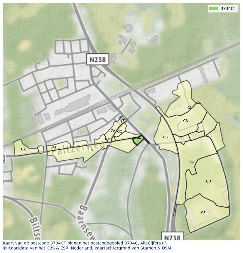 Afbeelding van het postcodegebied 3734 CT op de kaart.