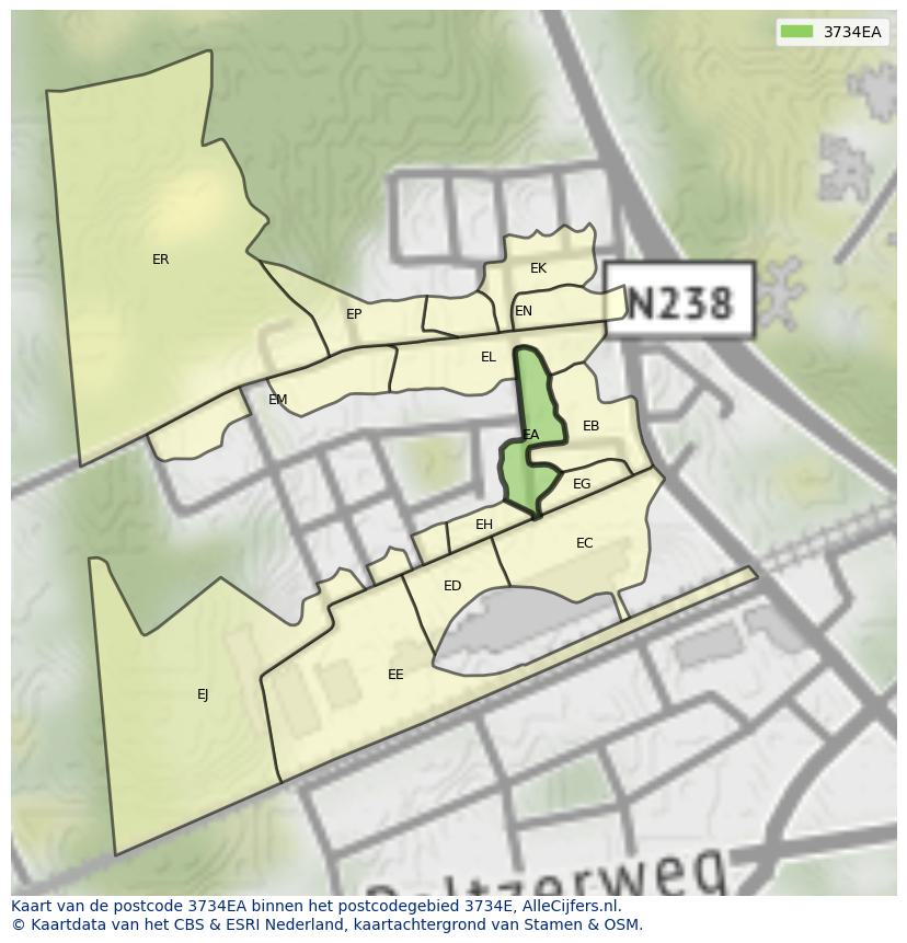 Afbeelding van het postcodegebied 3734 EA op de kaart.