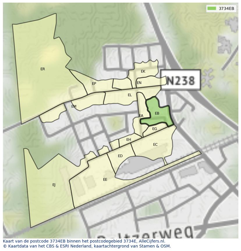 Afbeelding van het postcodegebied 3734 EB op de kaart.