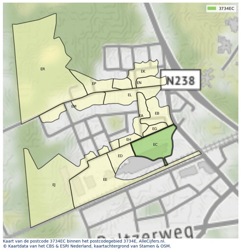 Afbeelding van het postcodegebied 3734 EC op de kaart.