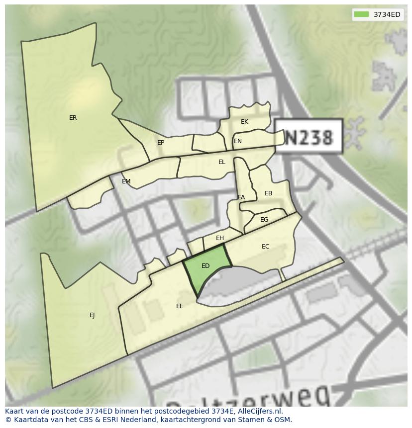 Afbeelding van het postcodegebied 3734 ED op de kaart.