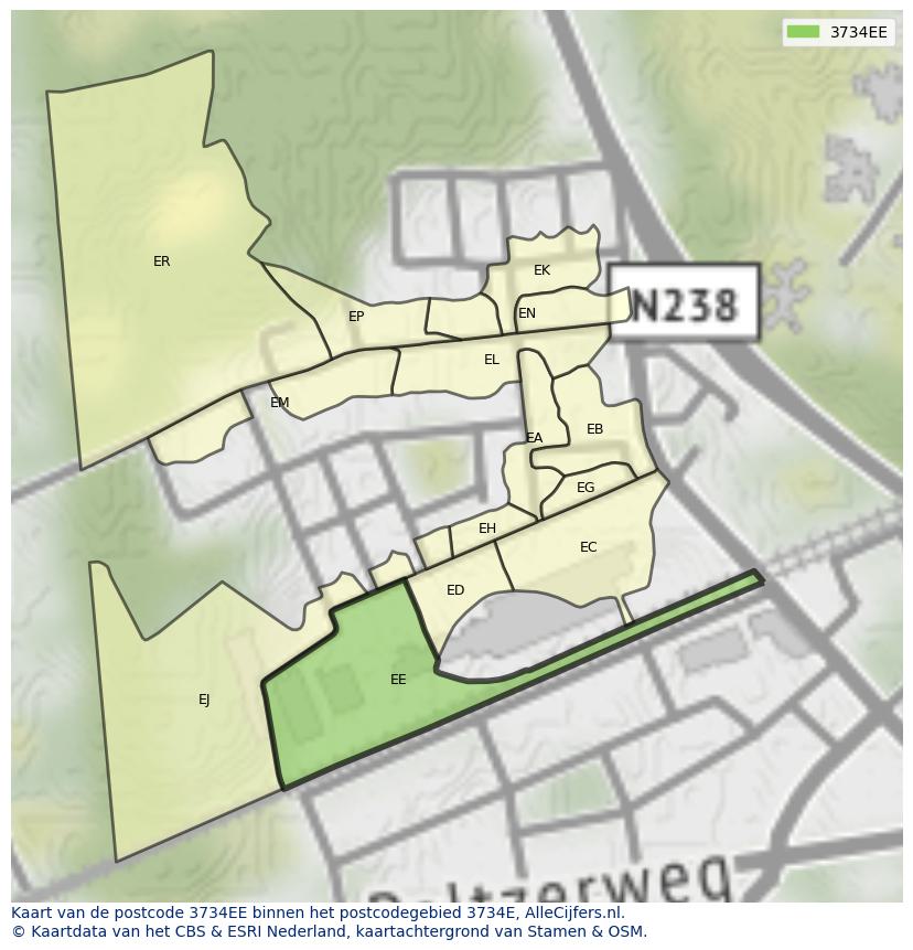 Afbeelding van het postcodegebied 3734 EE op de kaart.