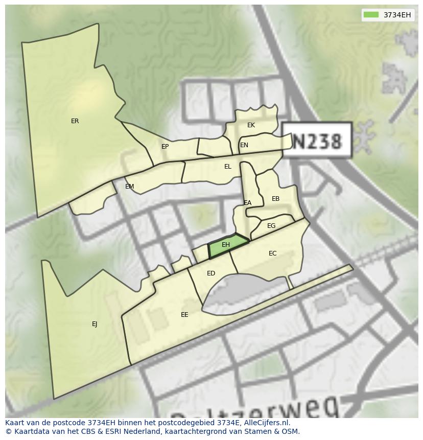 Afbeelding van het postcodegebied 3734 EH op de kaart.
