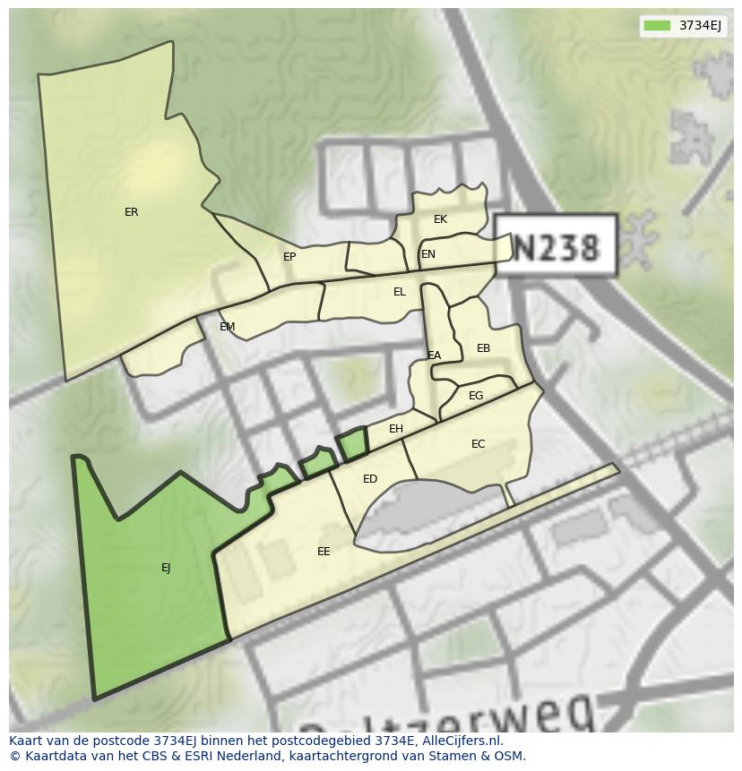 Afbeelding van het postcodegebied 3734 EJ op de kaart.