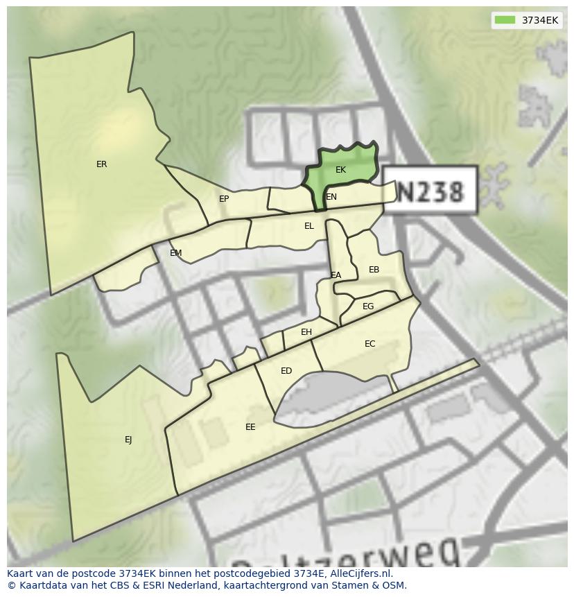 Afbeelding van het postcodegebied 3734 EK op de kaart.