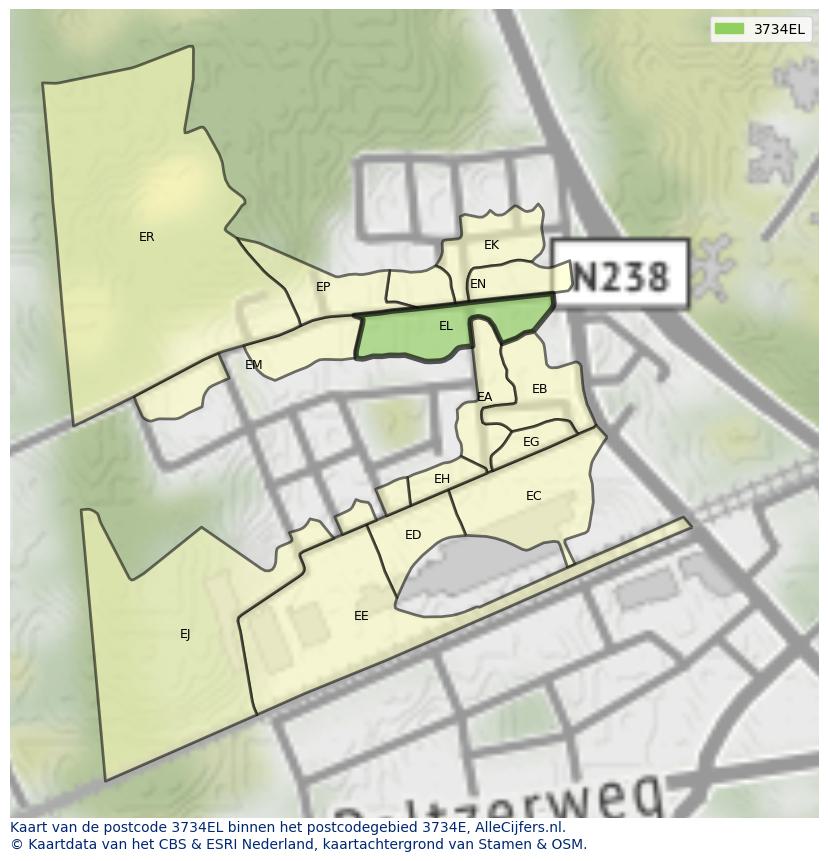 Afbeelding van het postcodegebied 3734 EL op de kaart.