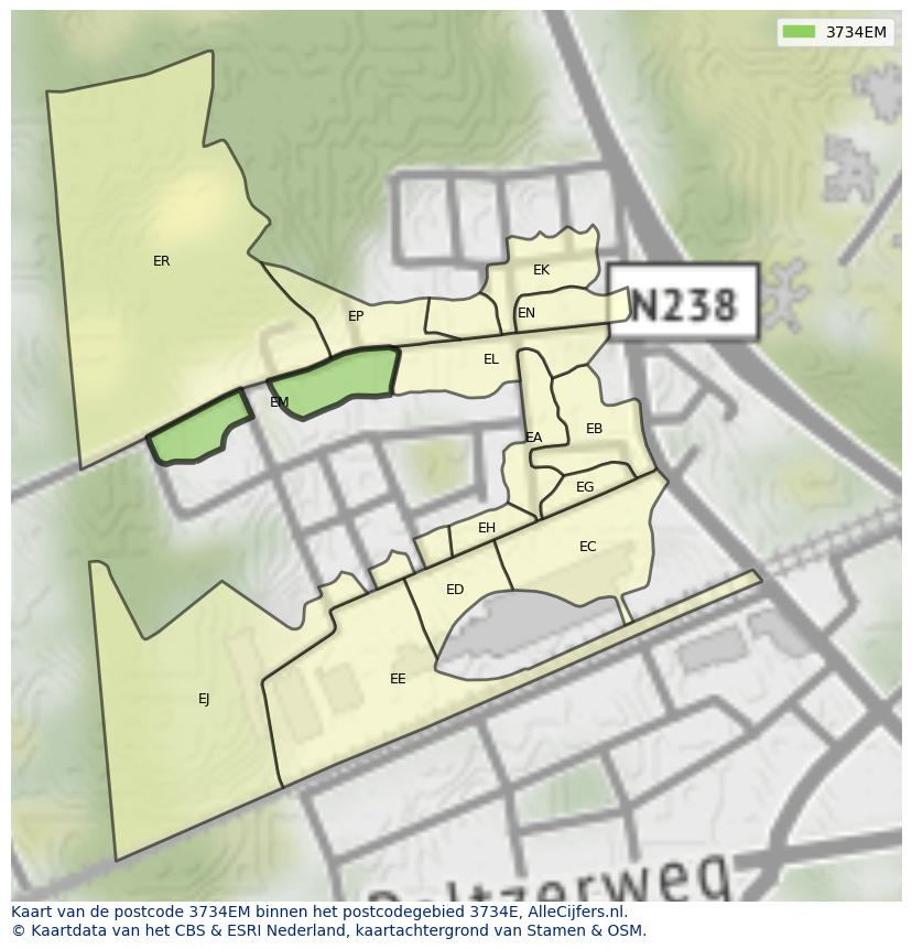Afbeelding van het postcodegebied 3734 EM op de kaart.