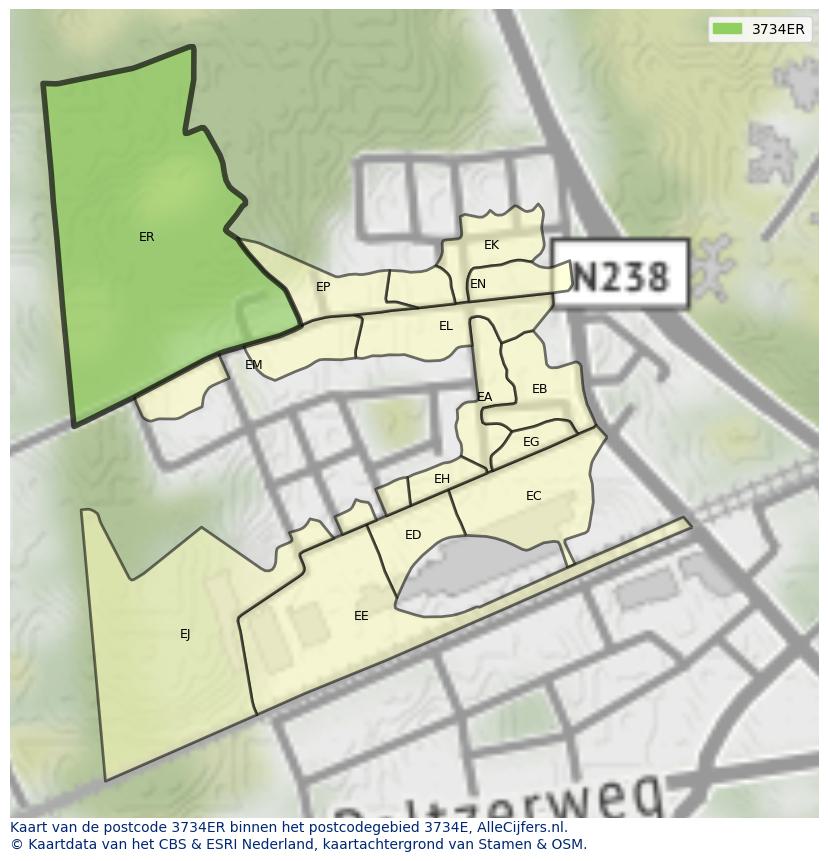 Afbeelding van het postcodegebied 3734 ER op de kaart.
