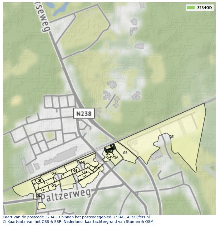Afbeelding van het postcodegebied 3734 GD op de kaart.