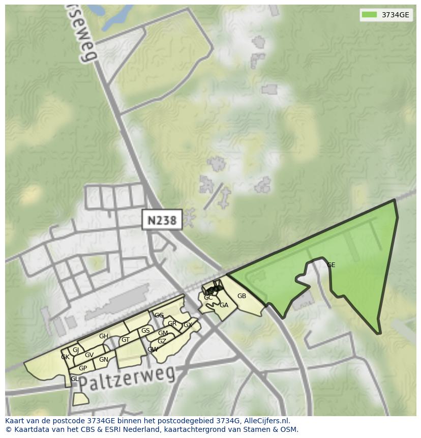 Afbeelding van het postcodegebied 3734 GE op de kaart.