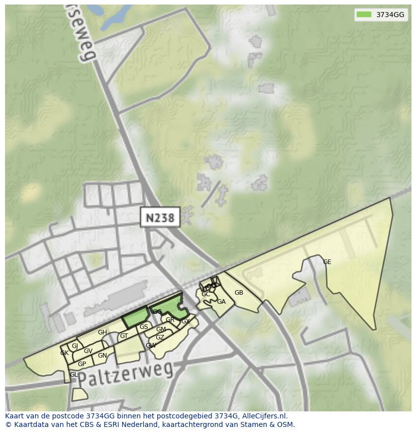 Afbeelding van het postcodegebied 3734 GG op de kaart.