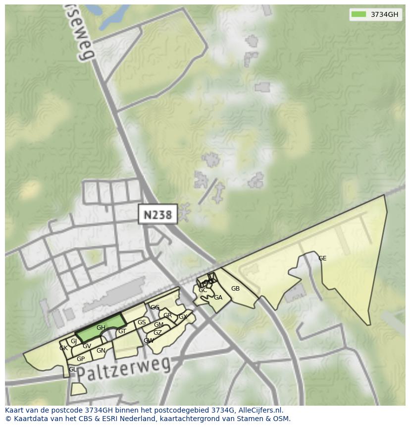 Afbeelding van het postcodegebied 3734 GH op de kaart.