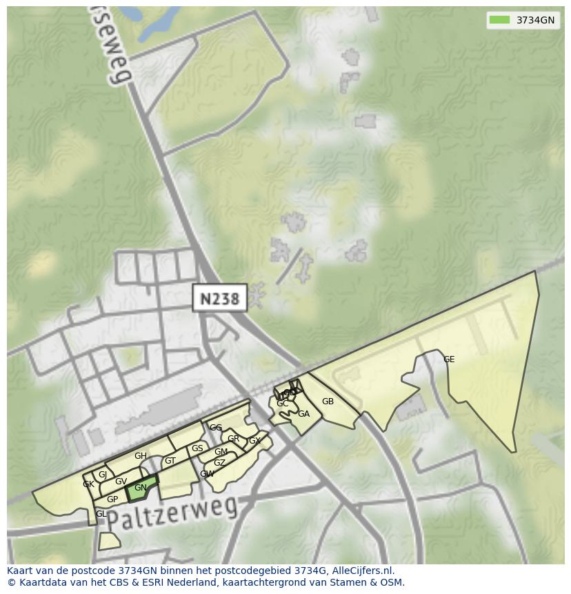 Afbeelding van het postcodegebied 3734 GN op de kaart.