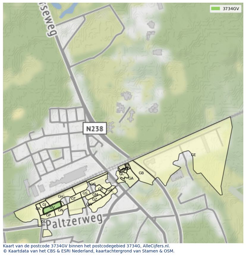 Afbeelding van het postcodegebied 3734 GV op de kaart.