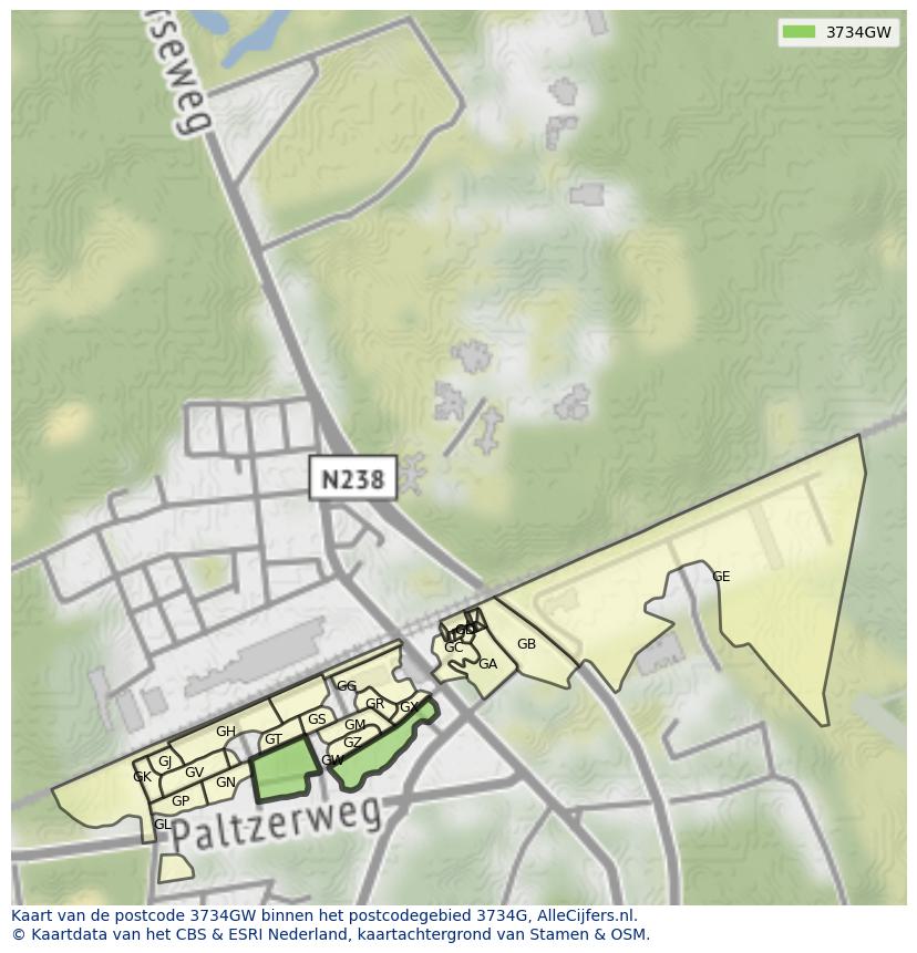 Afbeelding van het postcodegebied 3734 GW op de kaart.