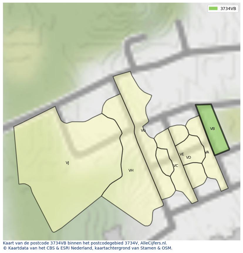 Afbeelding van het postcodegebied 3734 VB op de kaart.