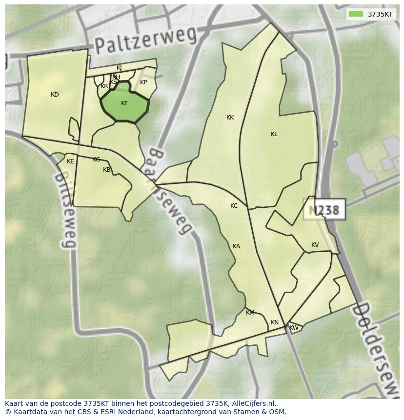 Afbeelding van het postcodegebied 3735 KT op de kaart.