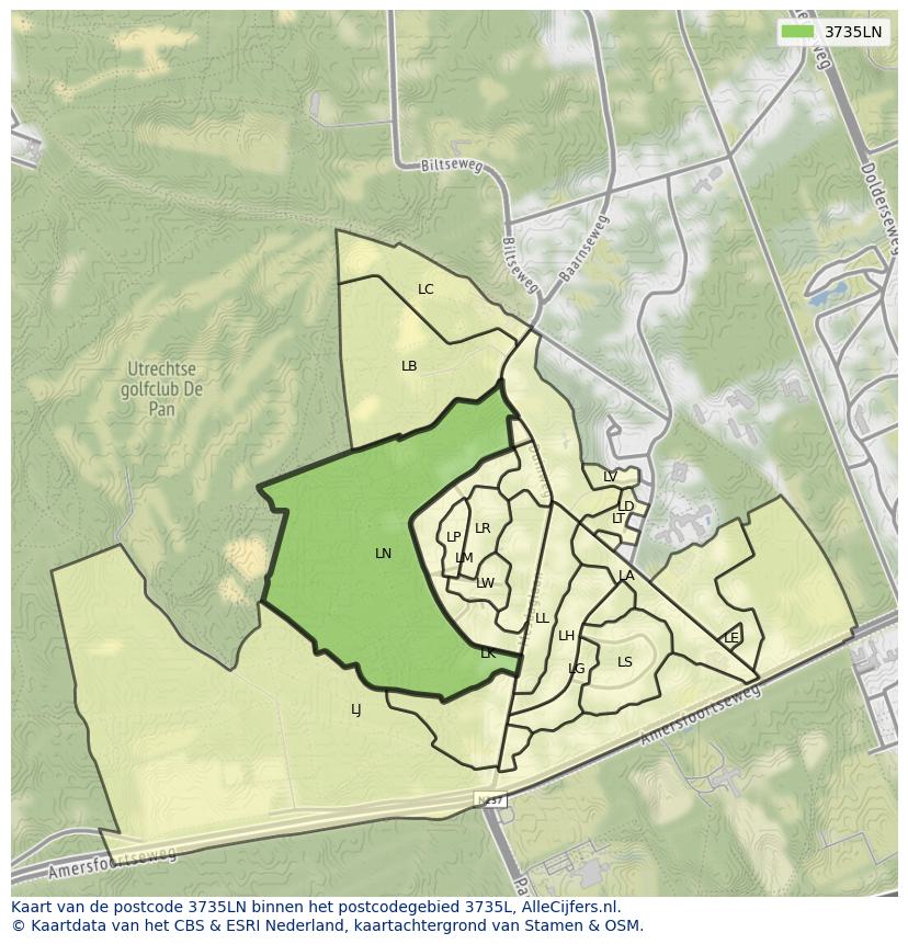 Afbeelding van het postcodegebied 3735 LN op de kaart.