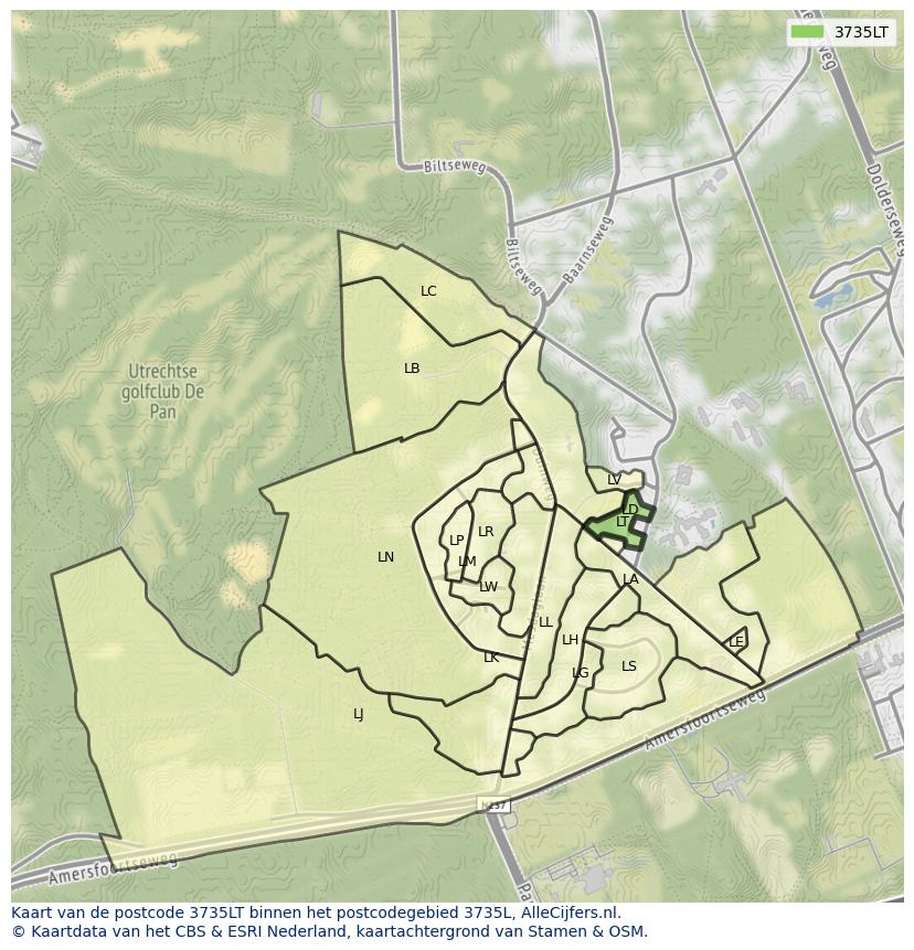 Afbeelding van het postcodegebied 3735 LT op de kaart.