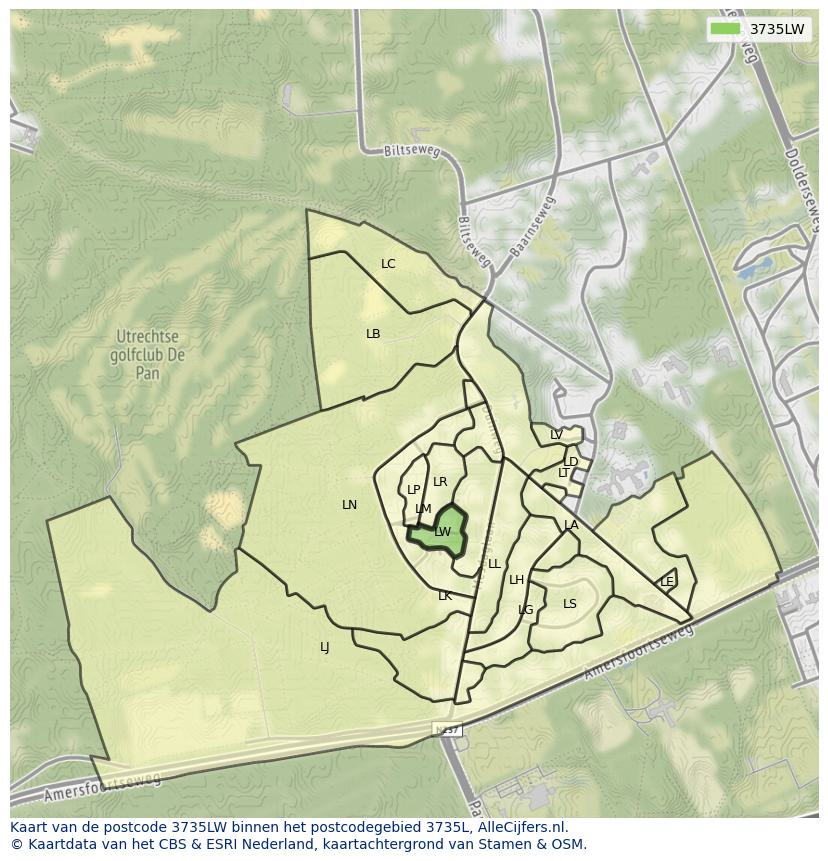 Afbeelding van het postcodegebied 3735 LW op de kaart.