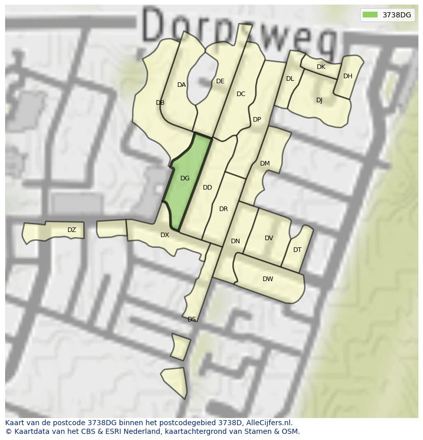 Afbeelding van het postcodegebied 3738 DG op de kaart.