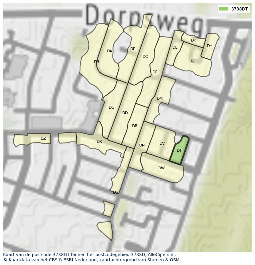 Afbeelding van het postcodegebied 3738 DT op de kaart.