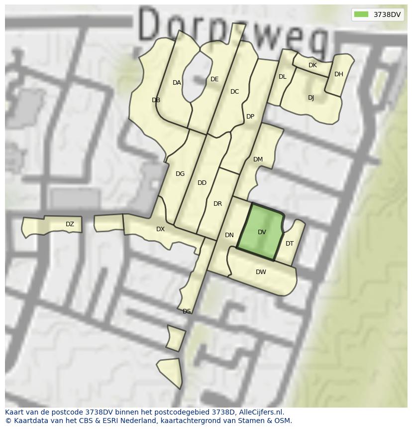 Afbeelding van het postcodegebied 3738 DV op de kaart.