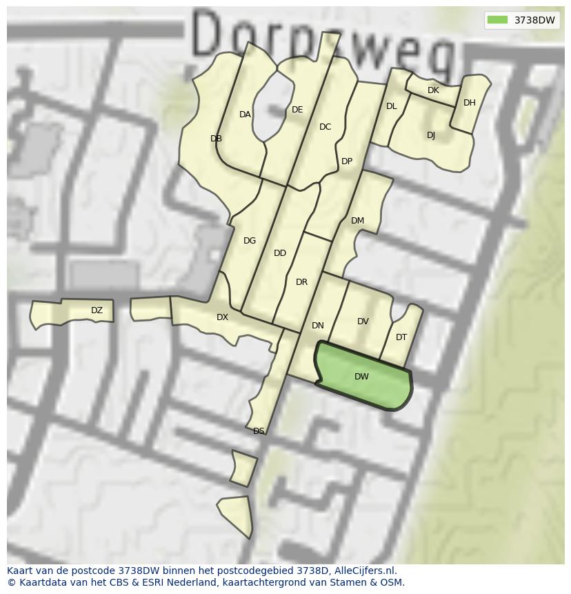 Afbeelding van het postcodegebied 3738 DW op de kaart.