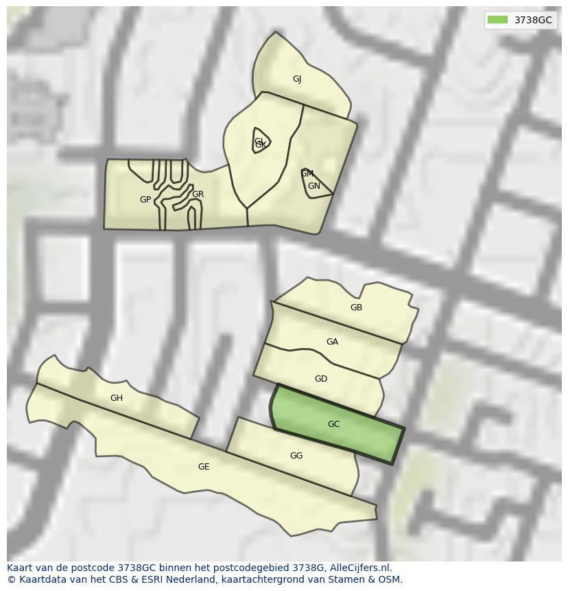 Afbeelding van het postcodegebied 3738 GC op de kaart.