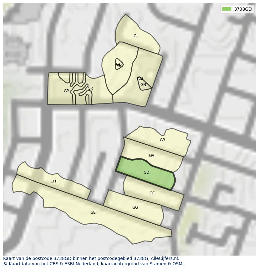 Afbeelding van het postcodegebied 3738 GD op de kaart.