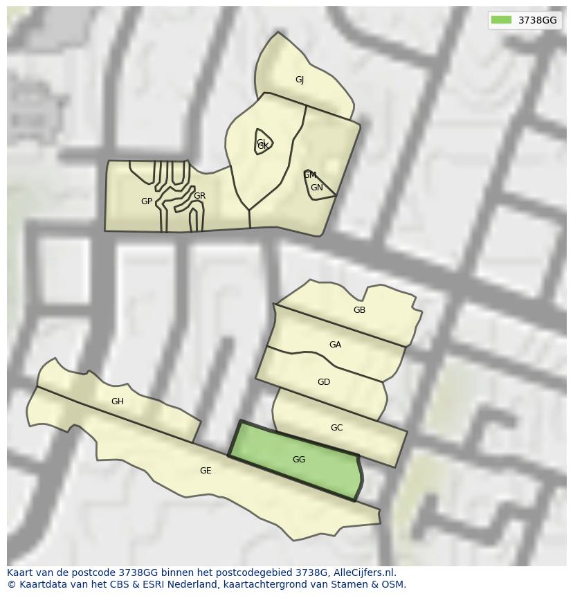 Afbeelding van het postcodegebied 3738 GG op de kaart.