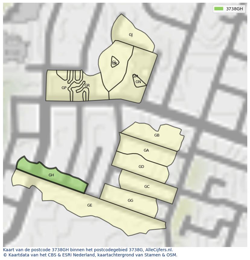 Afbeelding van het postcodegebied 3738 GH op de kaart.