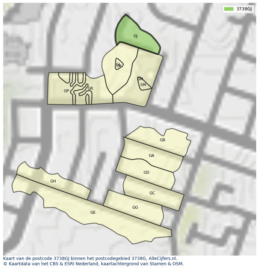 Afbeelding van het postcodegebied 3738 GJ op de kaart.
