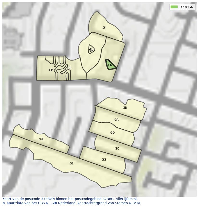 Afbeelding van het postcodegebied 3738 GN op de kaart.