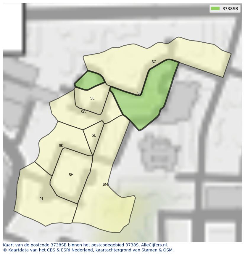 Afbeelding van het postcodegebied 3738 SB op de kaart.