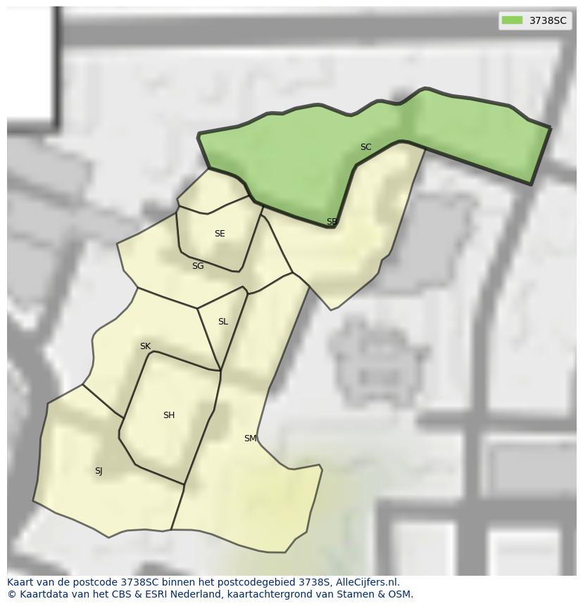 Afbeelding van het postcodegebied 3738 SC op de kaart.