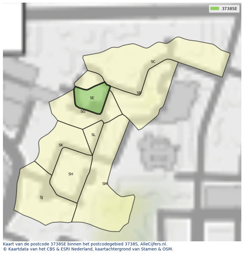 Afbeelding van het postcodegebied 3738 SE op de kaart.