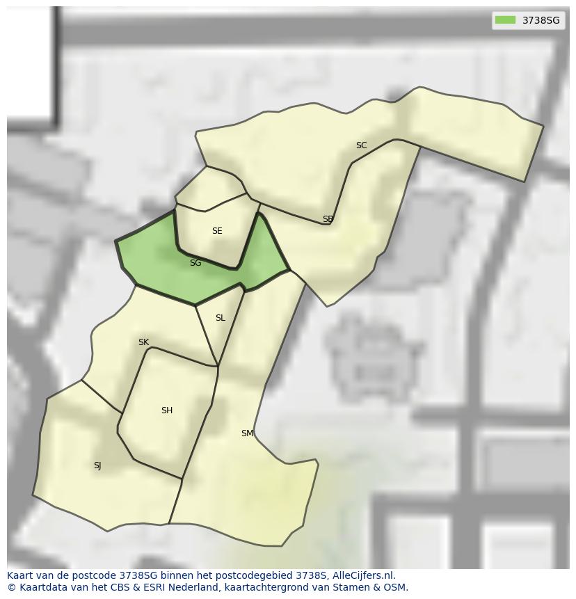 Afbeelding van het postcodegebied 3738 SG op de kaart.