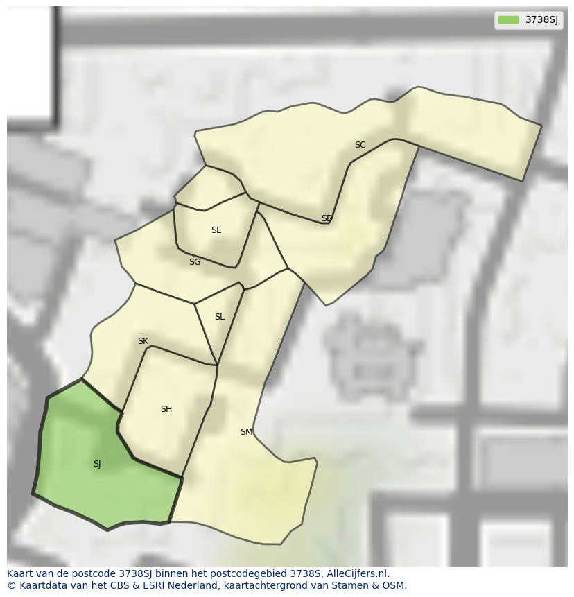 Afbeelding van het postcodegebied 3738 SJ op de kaart.