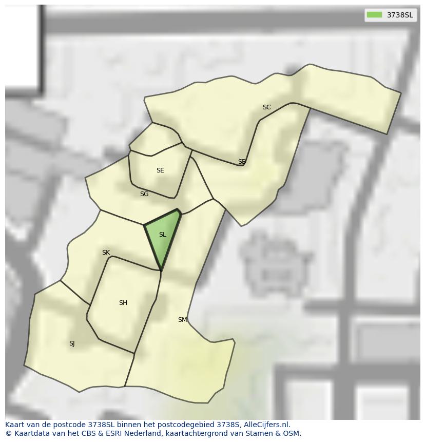 Afbeelding van het postcodegebied 3738 SL op de kaart.