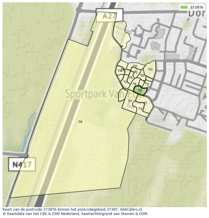 Afbeelding van het postcodegebied 3738 TA op de kaart.