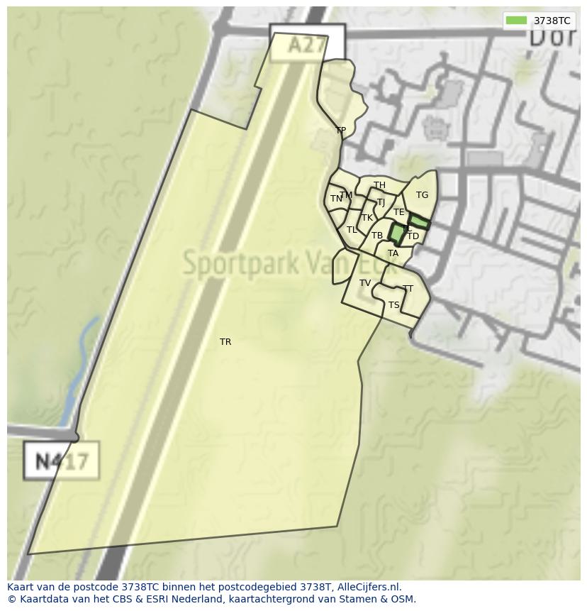 Afbeelding van het postcodegebied 3738 TC op de kaart.