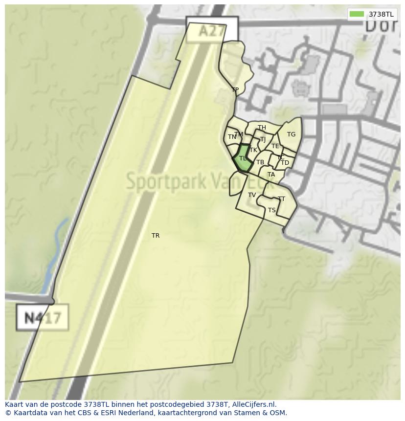 Afbeelding van het postcodegebied 3738 TL op de kaart.