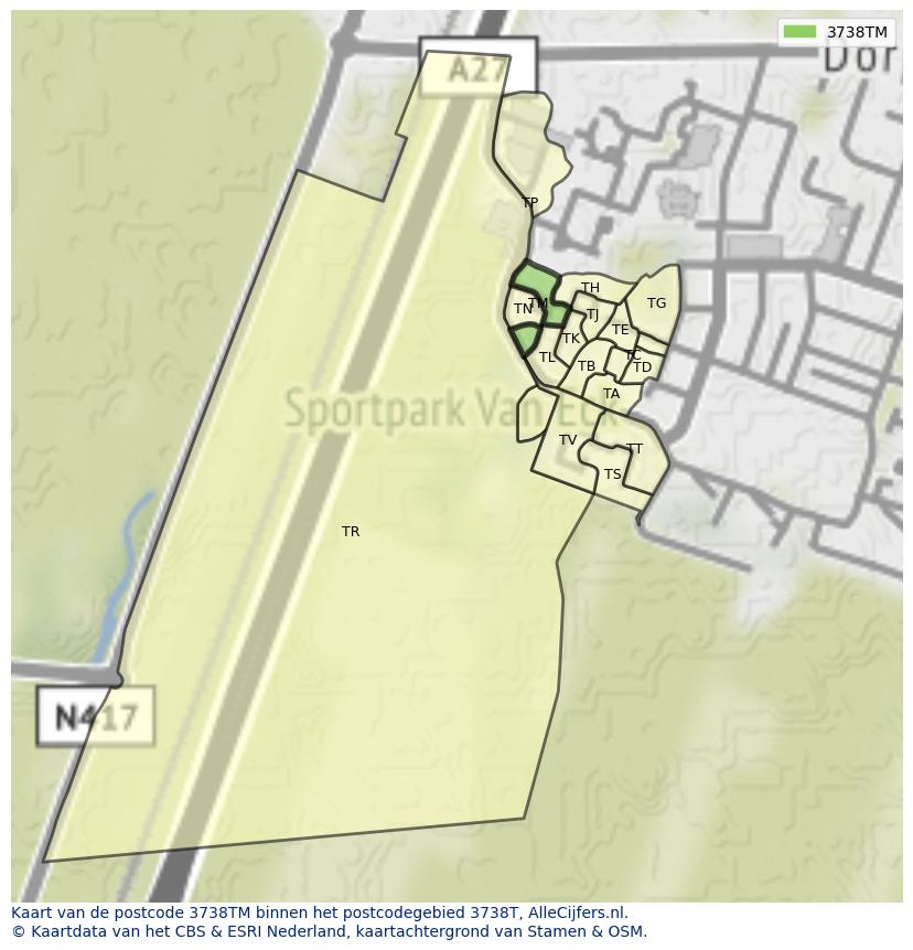 Afbeelding van het postcodegebied 3738 TM op de kaart.