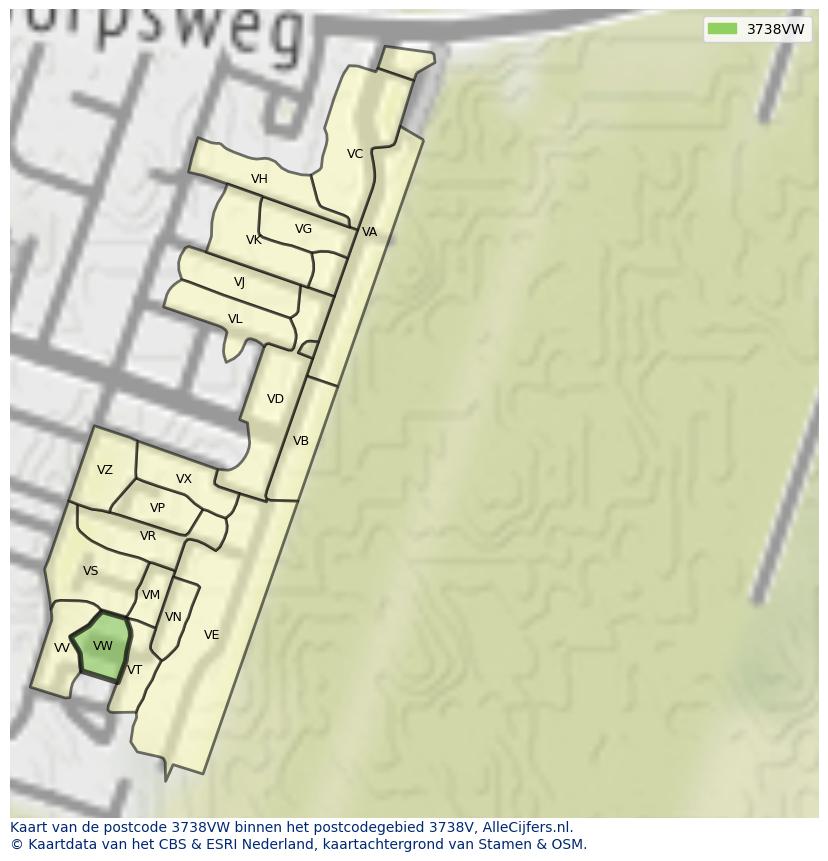 Afbeelding van het postcodegebied 3738 VW op de kaart.