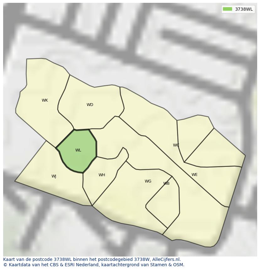 Afbeelding van het postcodegebied 3738 WL op de kaart.