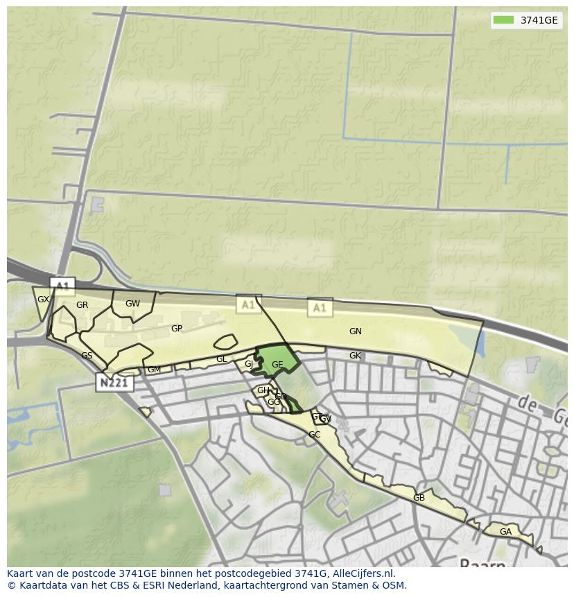 Afbeelding van het postcodegebied 3741 GE op de kaart.