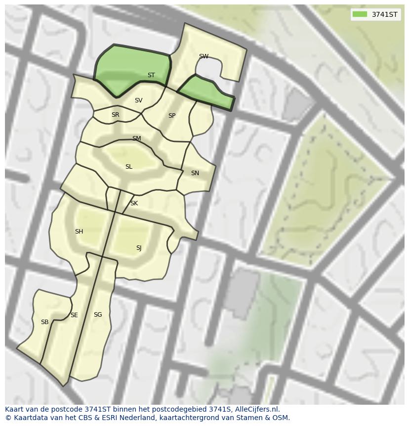 Afbeelding van het postcodegebied 3741 ST op de kaart.